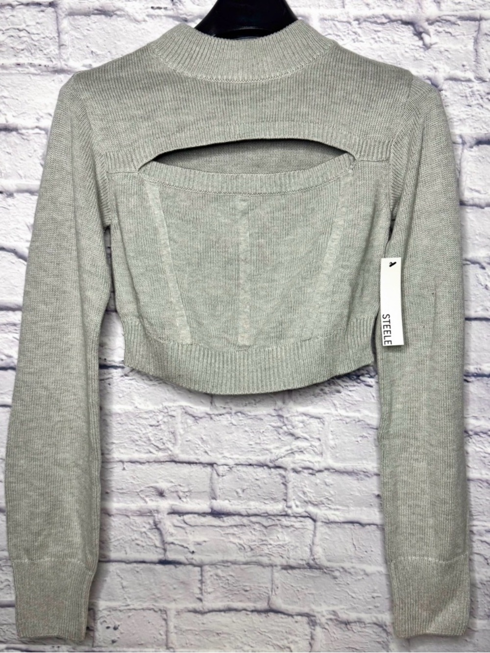 STEELE Grey Cropped Sweater Top with Cut Out Large NWT